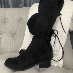 Over the Knee Black Boots with Tie Back